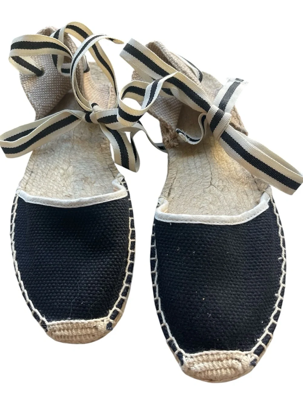 SOLUDOS Lauren Lace Up Espadrille Sandals Ankle Wrap Black Linen Women's. Size 7